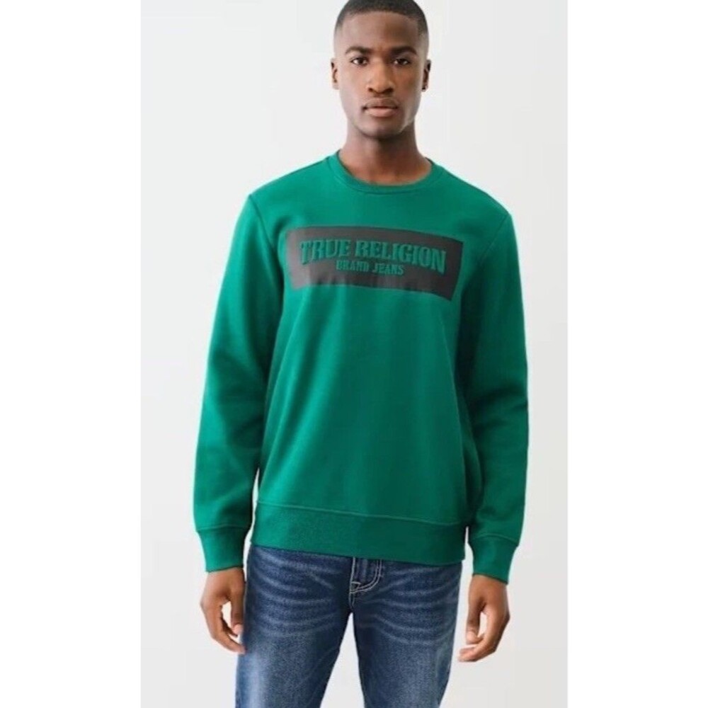 True Religion Green Crewneck Sweatshirt Men’s Large Logo Graphic Fleece Pullover